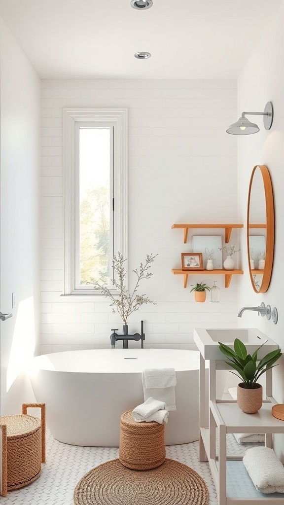 A small bathroom with a shower, featuring a window that enhances natural light, plants, and simple decor.