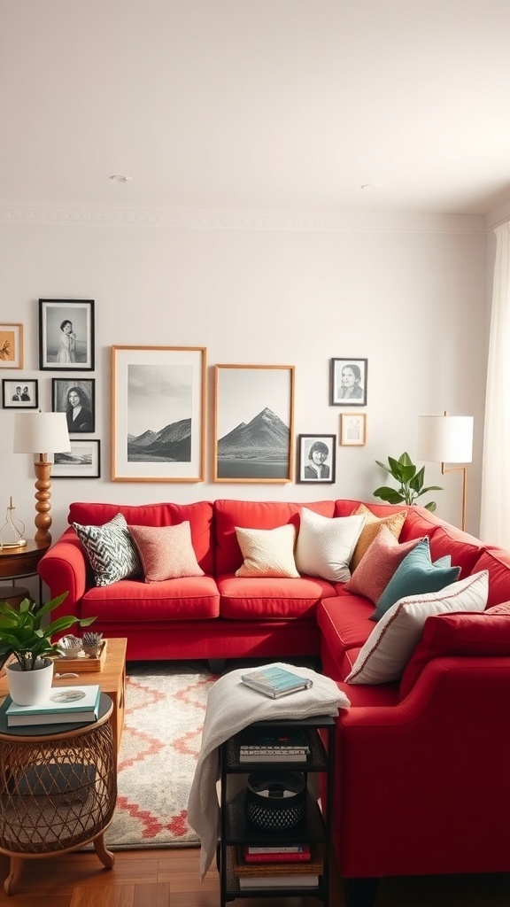 A cozy living room featuring a red couch, decorative pillows, a gallery wall of black and white photos, and potted plants.