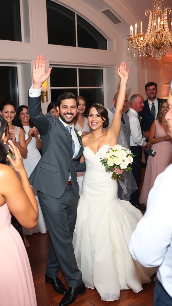 A joyful couple celebrating their wedding day with guests.
