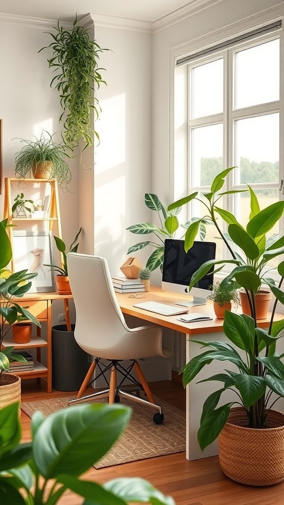 A cozy home office with plants, a desk, and a computer, showcasing a bright and inviting atmosphere.