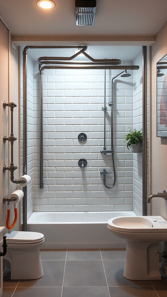 Modern basement bathroom with exposed plumbing, bathtub, and shower fixtures
