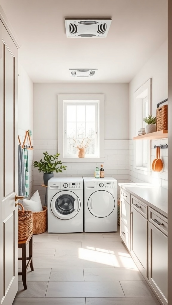 Bright and airy mud room laundry room combo with a window and ventilation.