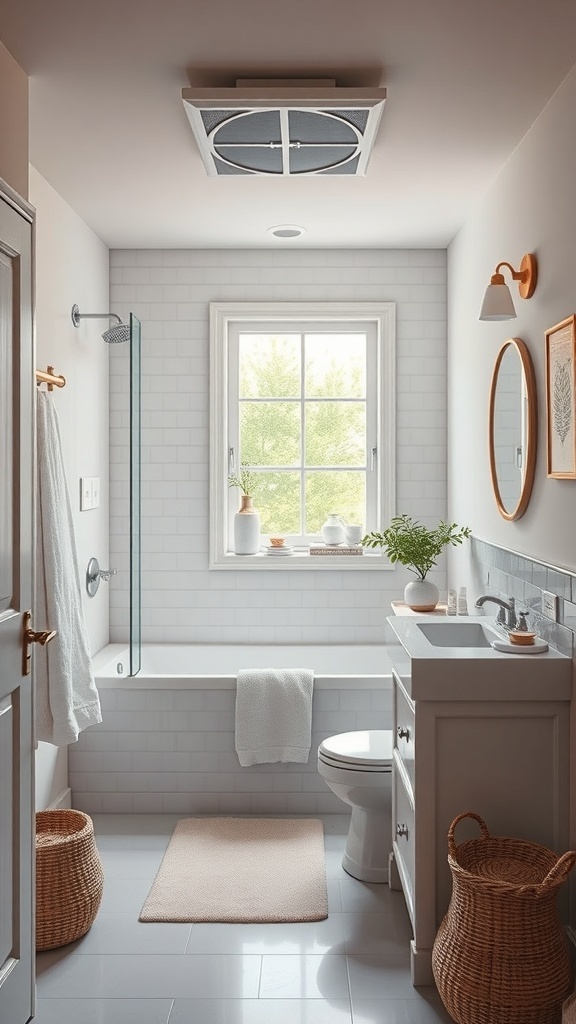A modern guest bathroom featuring a ceiling exhaust fan and a large window for natural light.