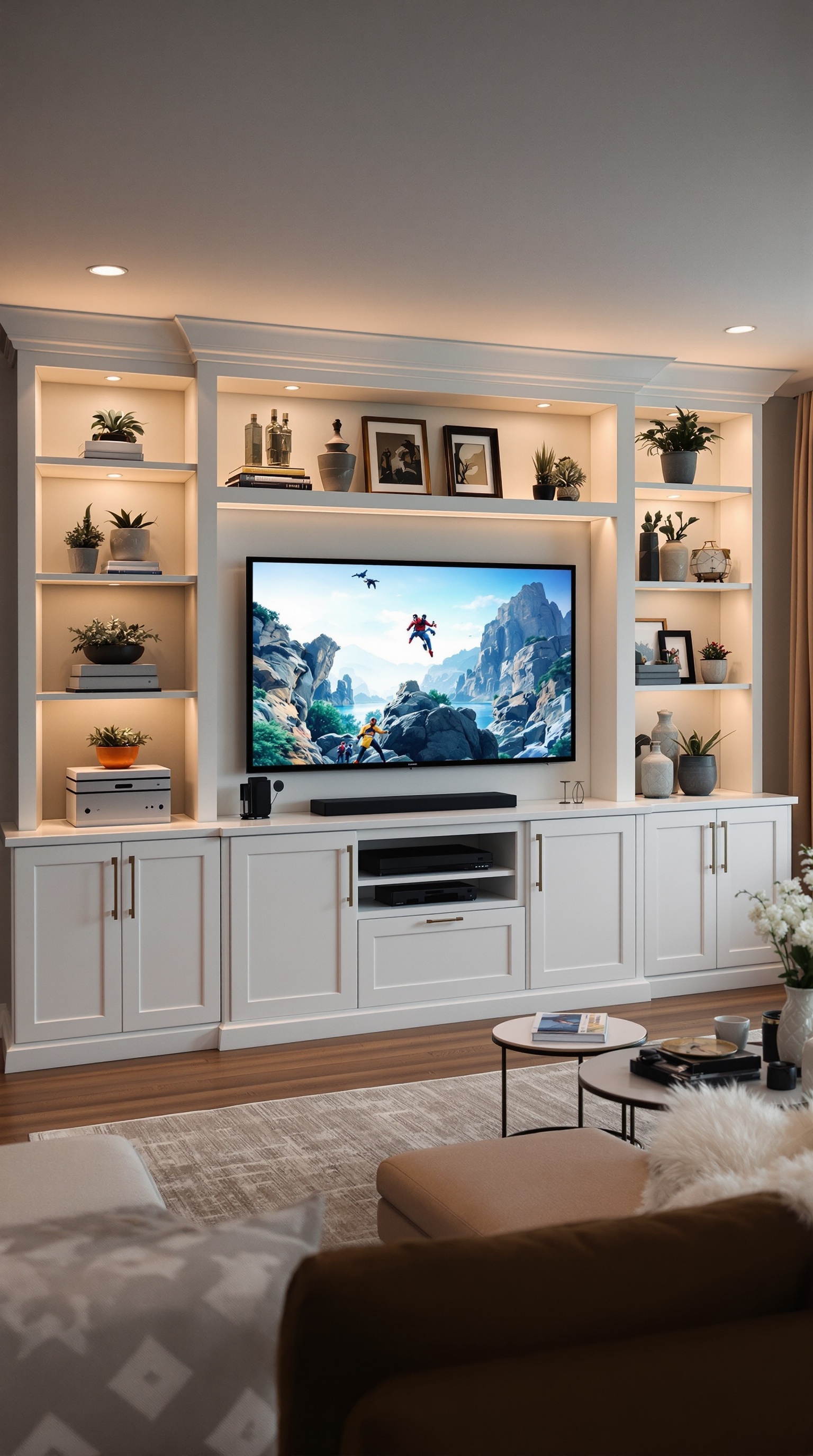 Cozy basement family room with a stylish entertainment center featuring a large TV, soundbar, and decorative shelves.
