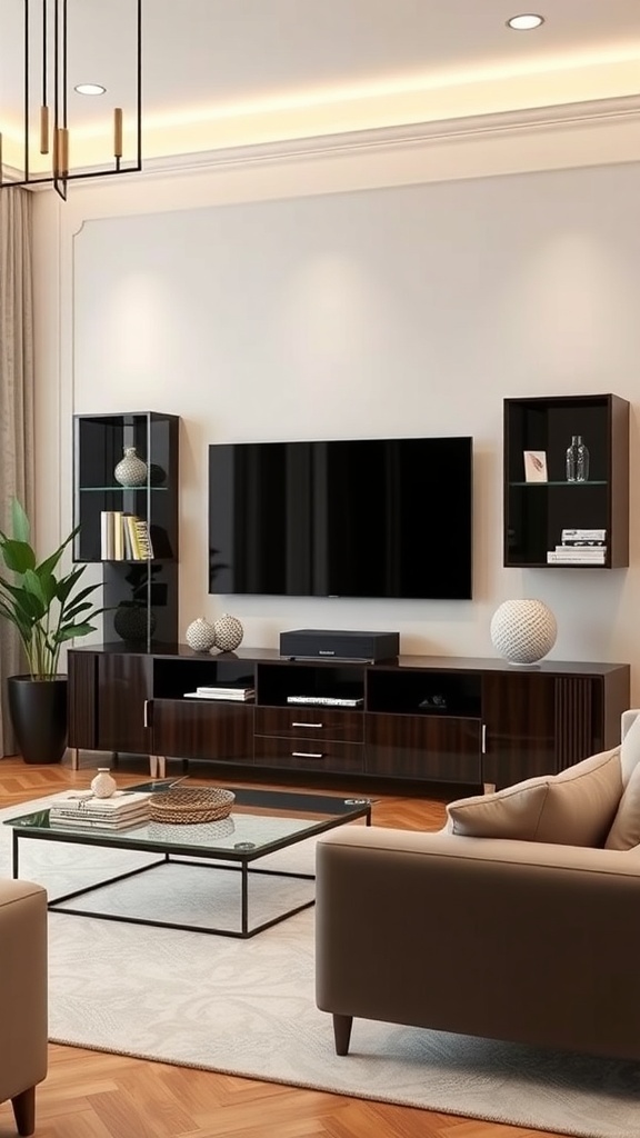 A cozy luxury living room featuring a sleek entertainment center with a large TV, dark wood media console, and stylish shelves.