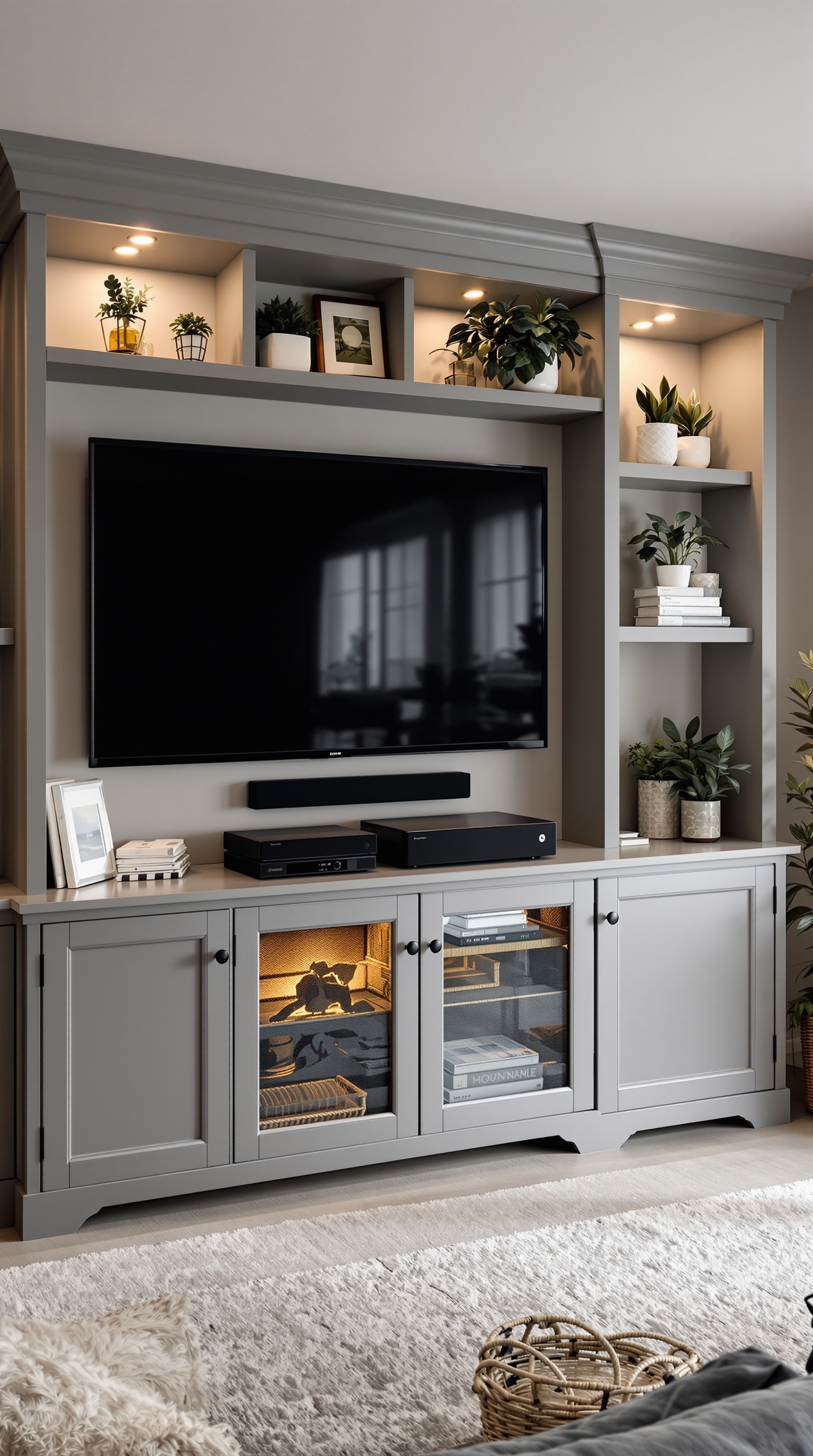 A stylish entertainment center with a large TV, soundbar, and decorative plants in a basement family room.