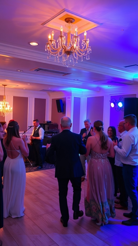 A lively wedding party scene with guests dancing and a band playing in a beautifully lit venue.