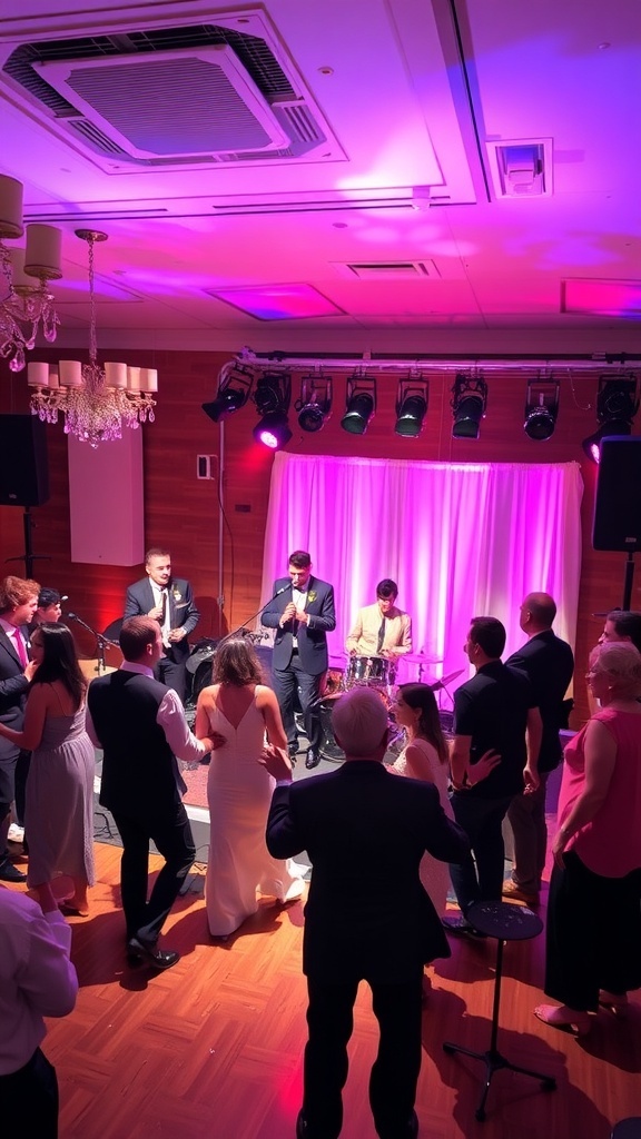 A lively wedding reception with guests enjoying a live band performance.