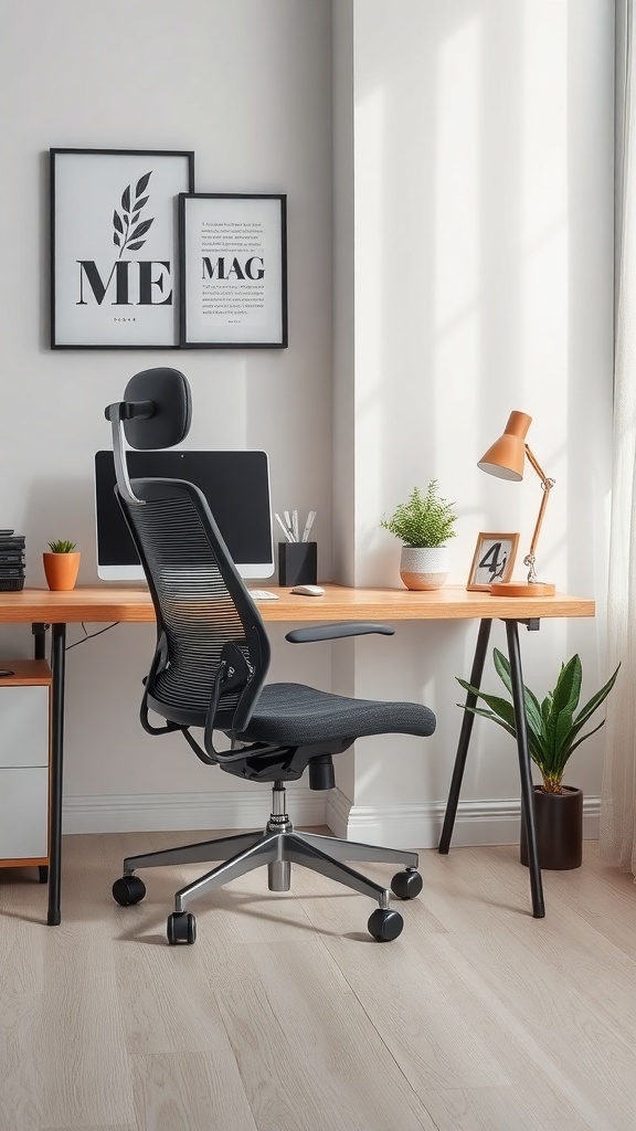 An ergonomic chair and desk setup with a computer, decorative items, and plants.