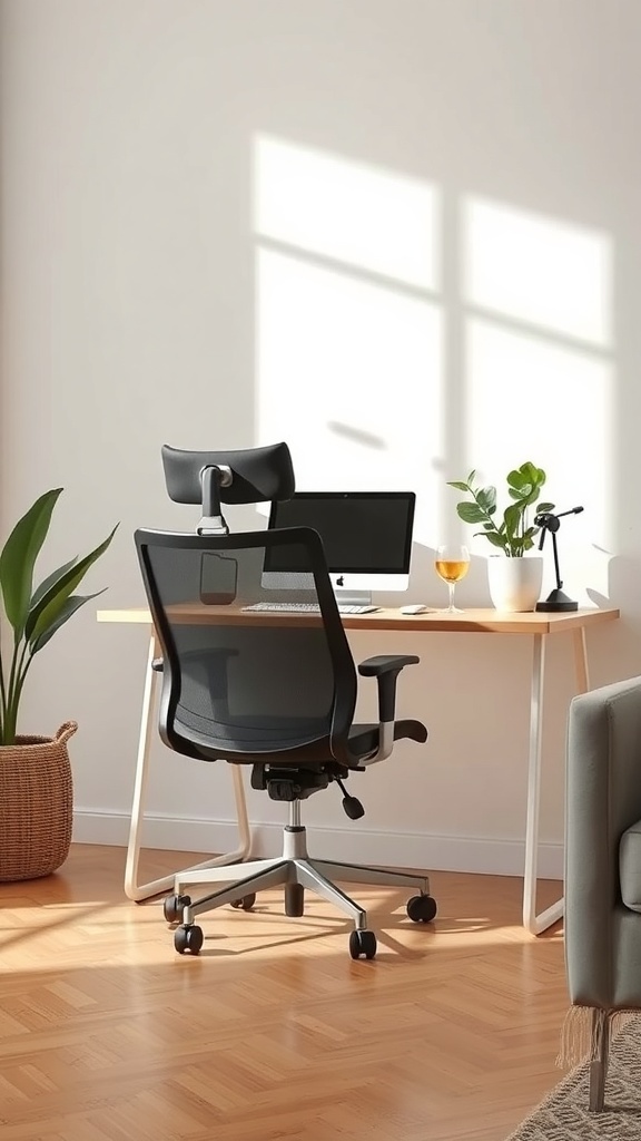 A modern ergonomic chair paired with a minimalist desk in a well-lit room, featuring a plant and a computer setup.
