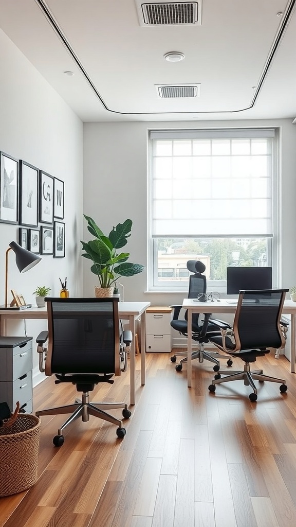 A small office space featuring ergonomic chairs and desks, with natural light and a plant.