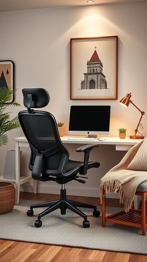 A cozy home office featuring an ergonomic chair, a simple desk, and warm lighting.