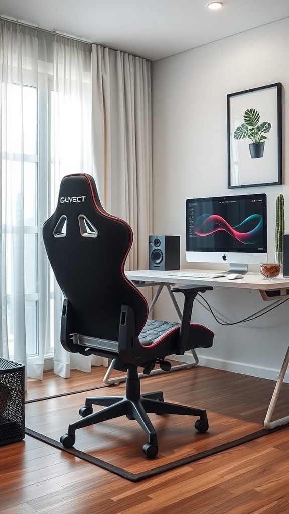 A modern ergonomic gaming chair in a stylish bedroom setup, featuring a computer desk and speakers.