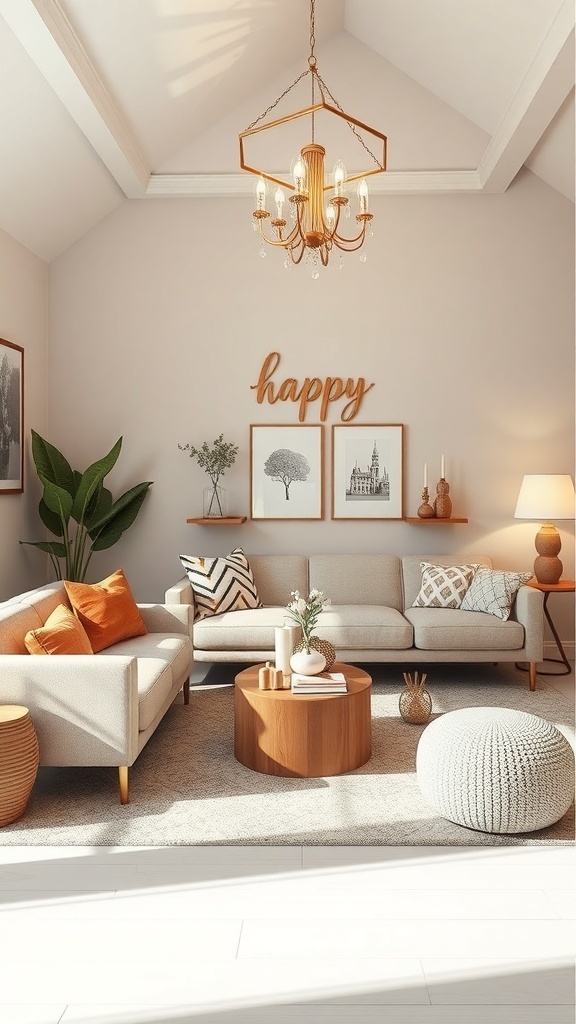 Sala de estar decorada con un ambiente acogedor y un mensaje de 'happy' en la pared.