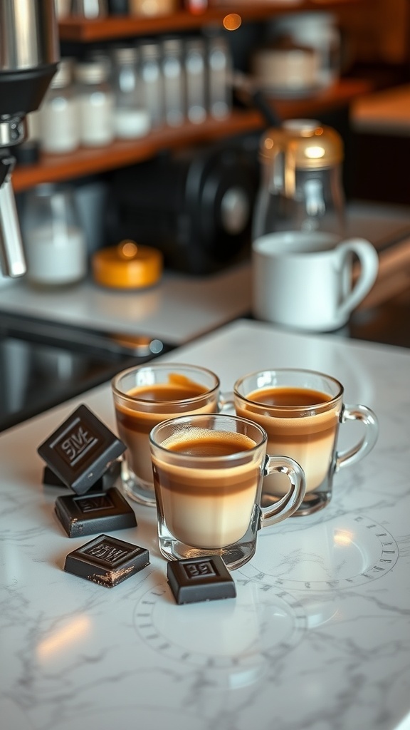 Three espresso shots with layers of chocolate, accompanied by chocolate squares on a marble table.