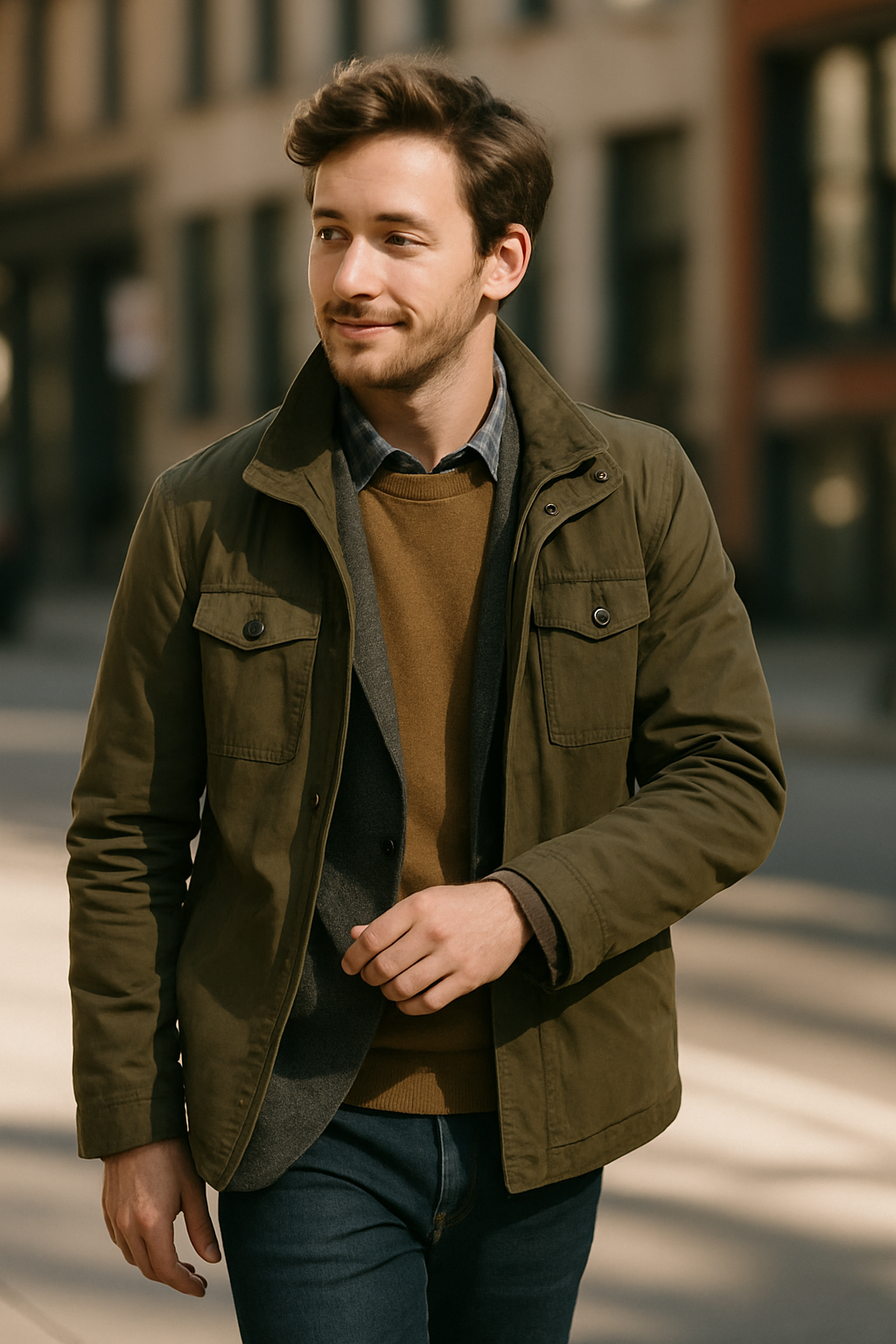 A man in a stylish formal suit walking confidently in an urban setting.
