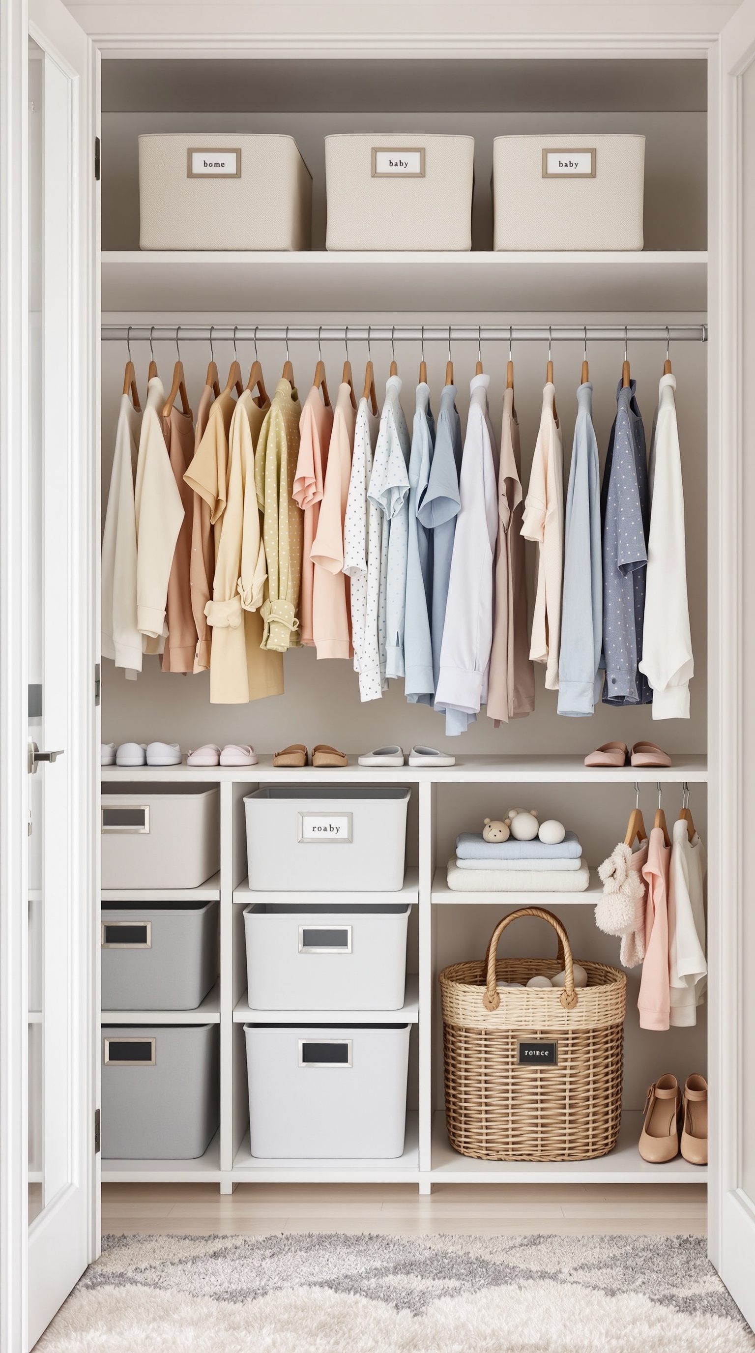 A well-organized baby closet with pastel-colored clothes, labeled bins, and neatly arranged shoes.