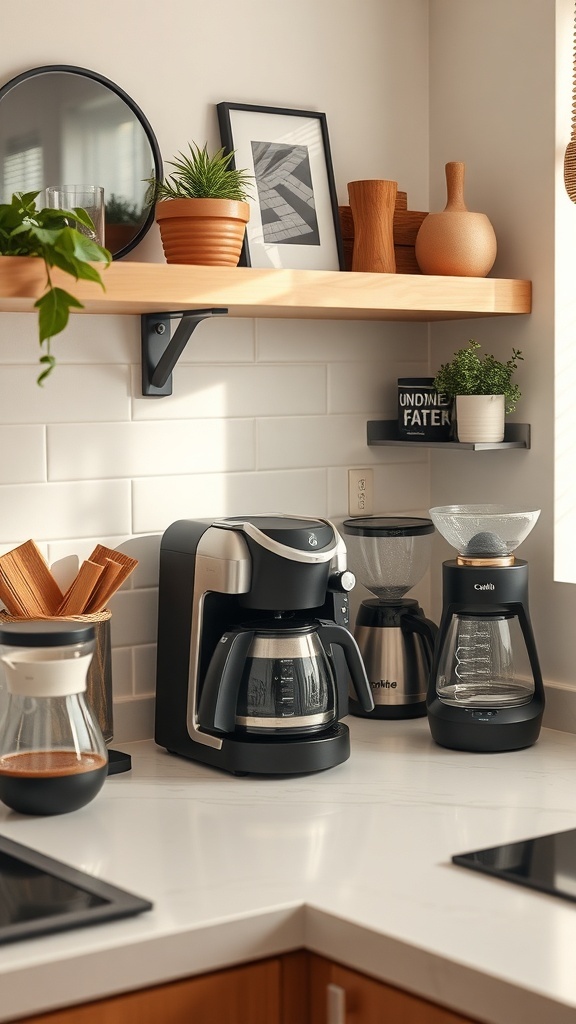 A stylish coffee station featuring a coffee maker, pour-over setup, and decorative plants on a kitchen counter.