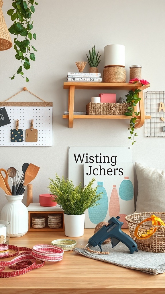 A workspace with a hot glue gun, colorful ribbons, and decorative items for wreath making.