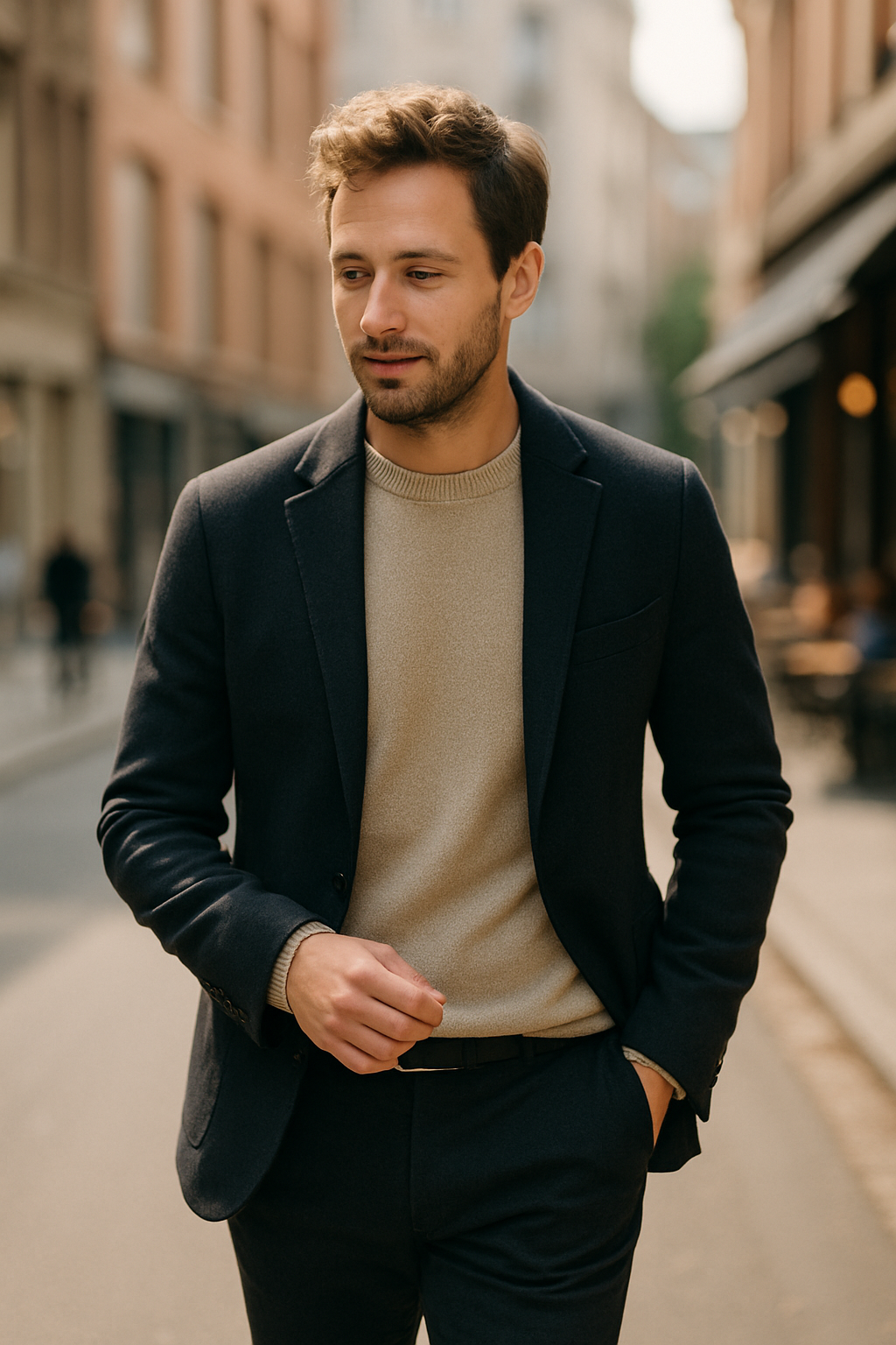 A stylish man in a blazer and sweater walking on a city street.
