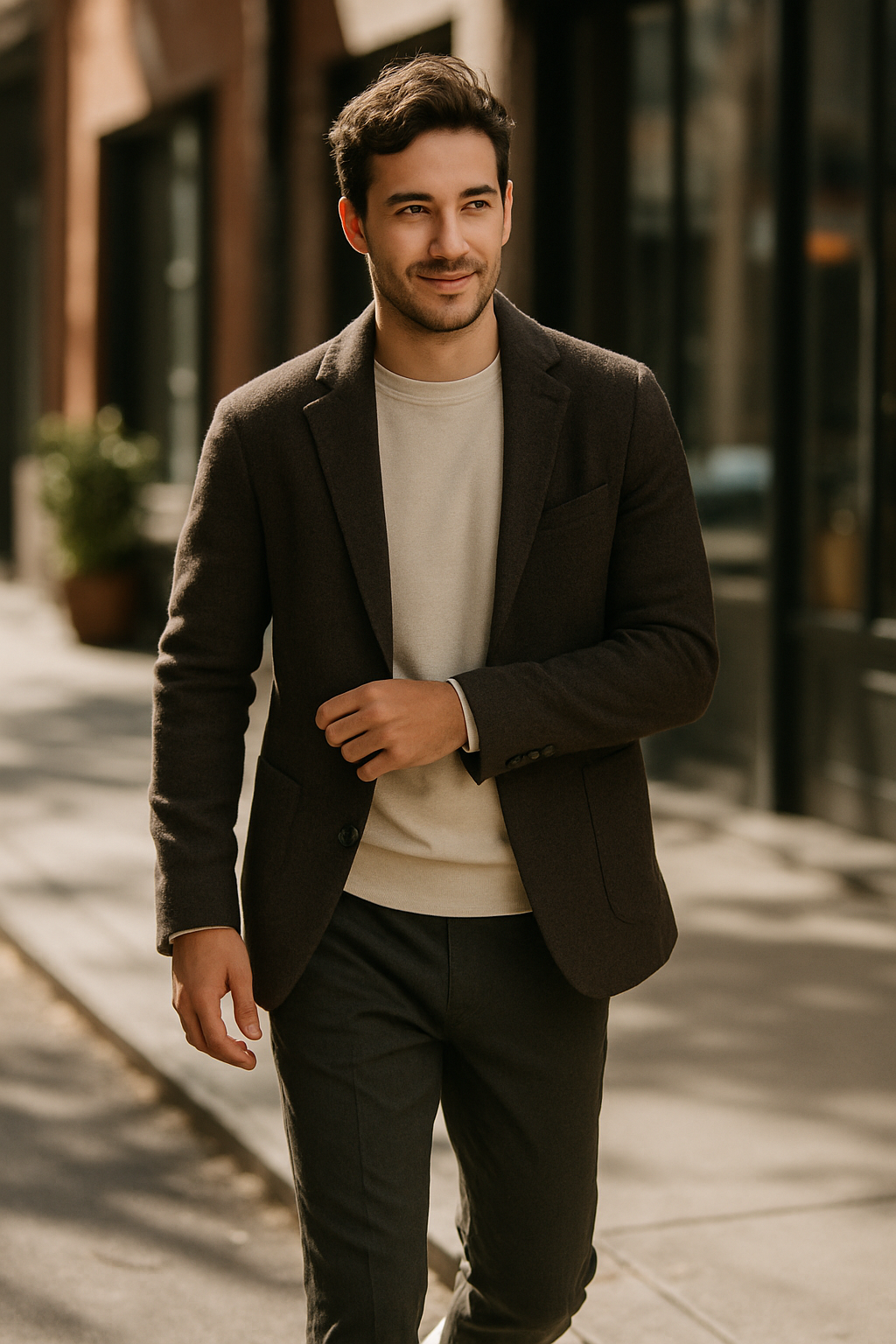 A man in a brown blazer and light sweater walking on the street.
