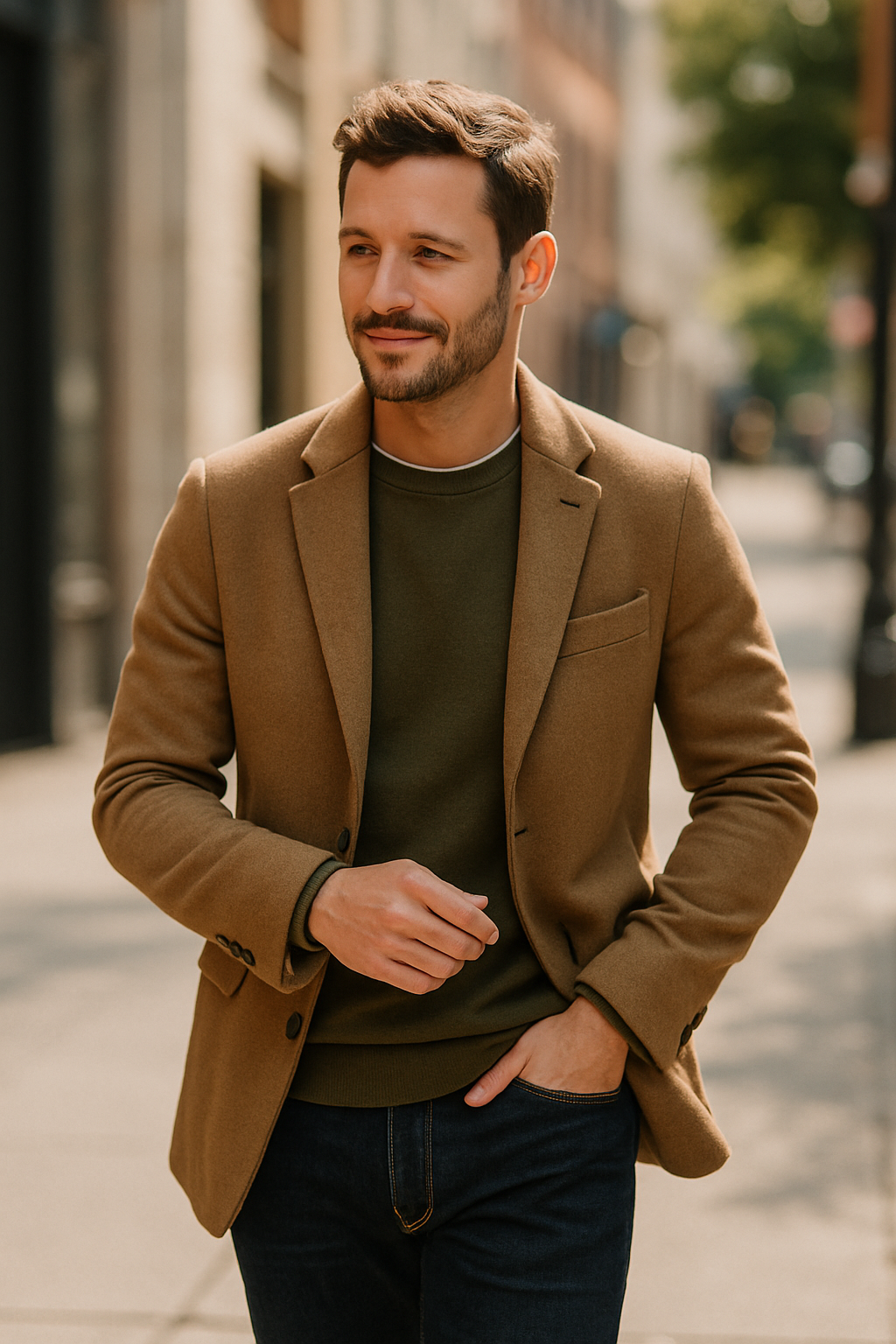 A man wearing a white t-shirt under a blazer, smiling while walking down the street.