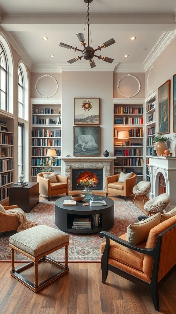 A cozy home library with bookshelves, comfortable seating, and a fireplace.