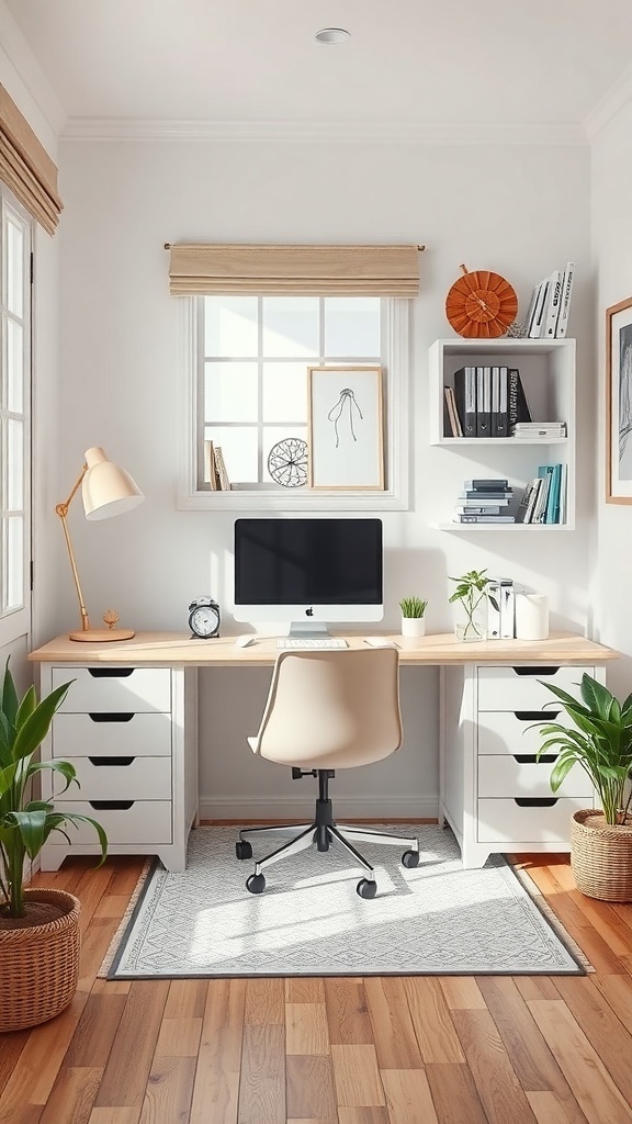 A bright and organized home office with a desk, computer, and plants.