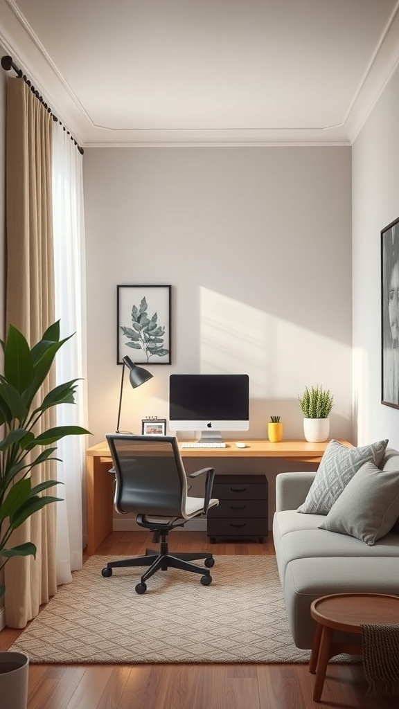 A cozy home office setup with a desk, computer, and plants, perfect for Zoom meetings.