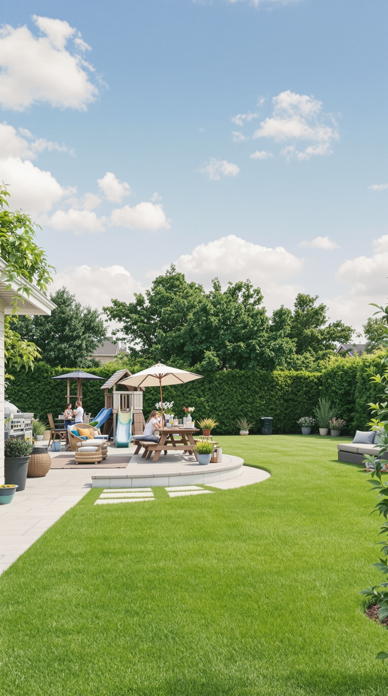 A family-friendly backyard with a green lawn, playset, and seating areas.