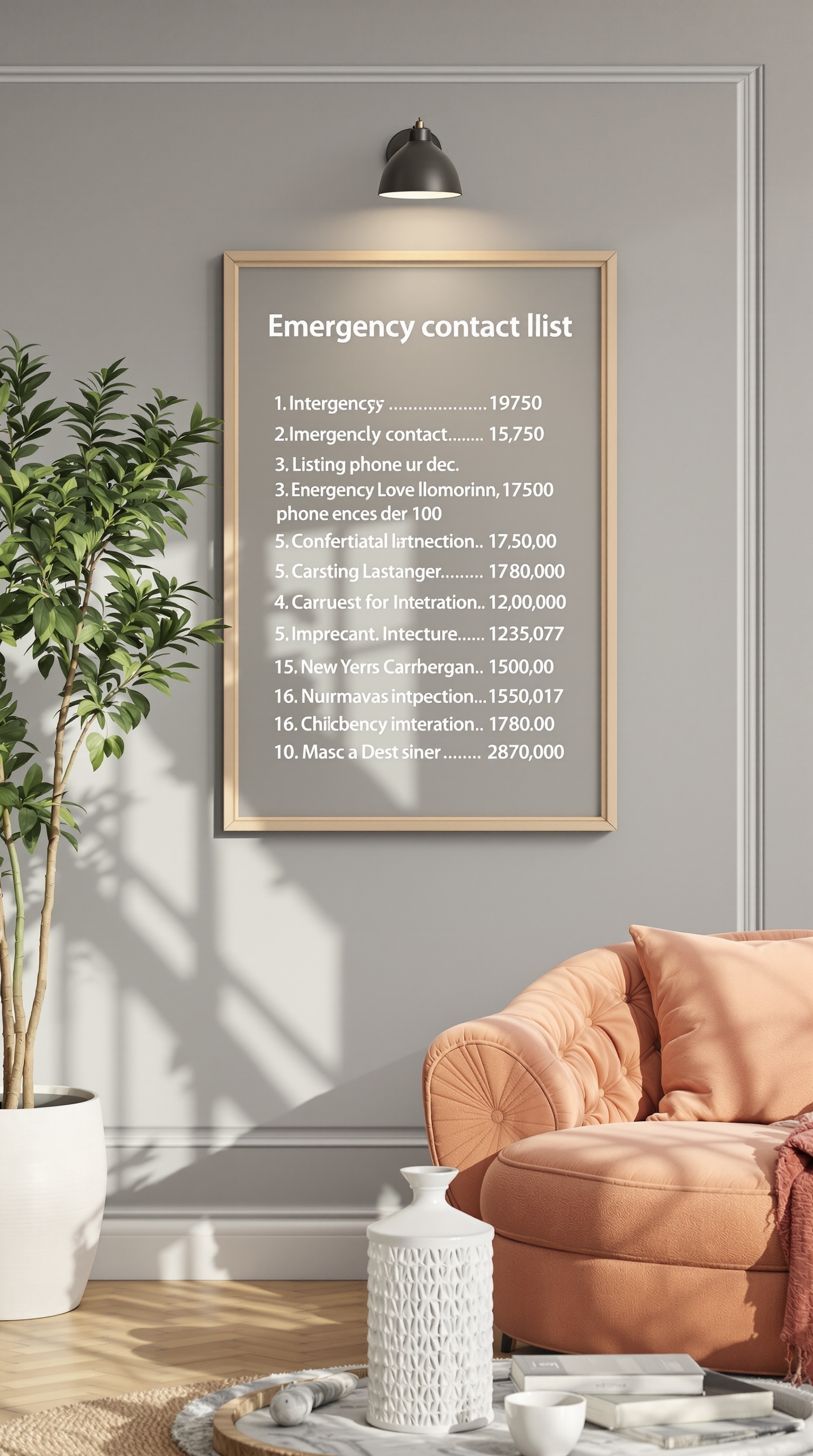 A wall display featuring an emergency contact list with various phone numbers and names.