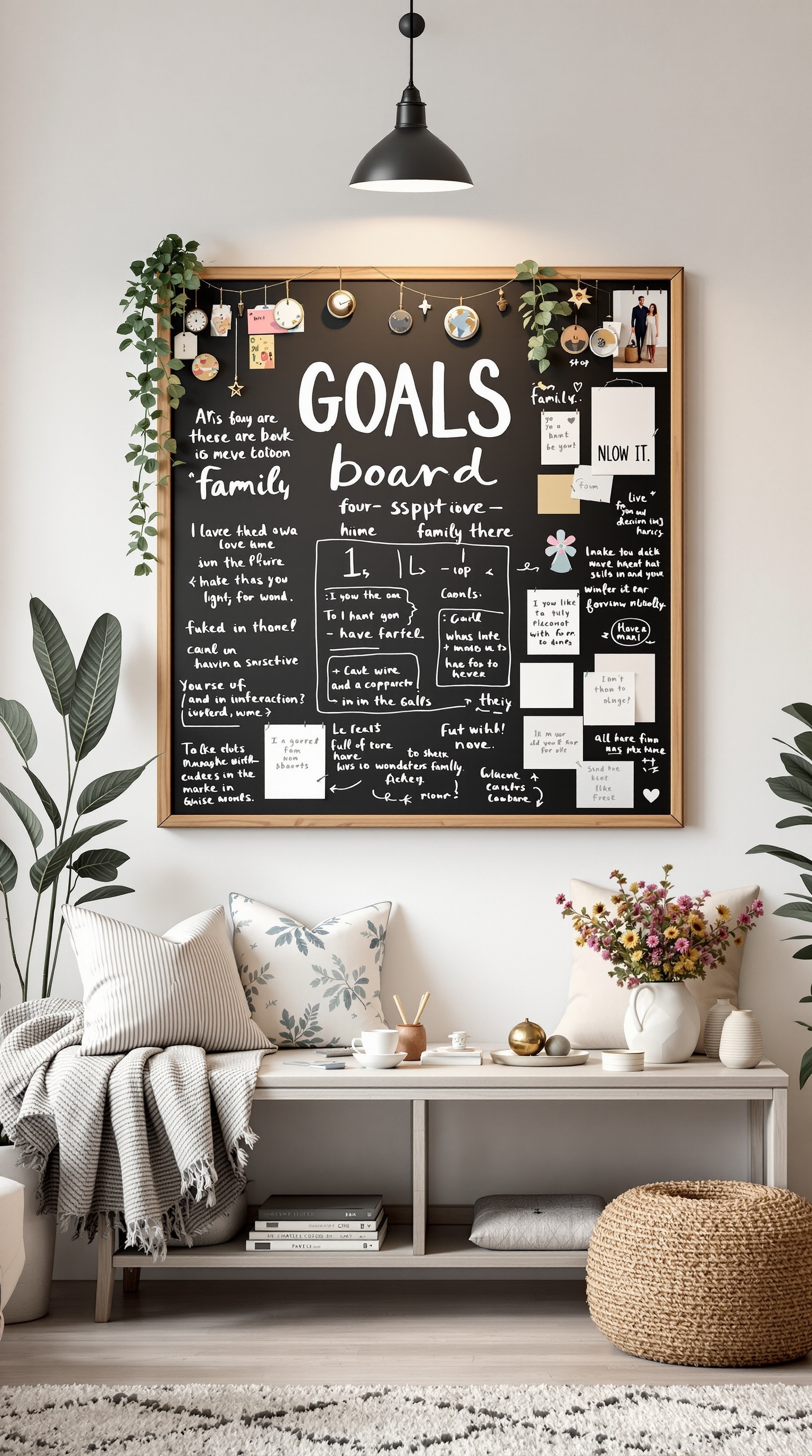 A family goals board with notes, pictures, and reminders in a cozy living room setting.