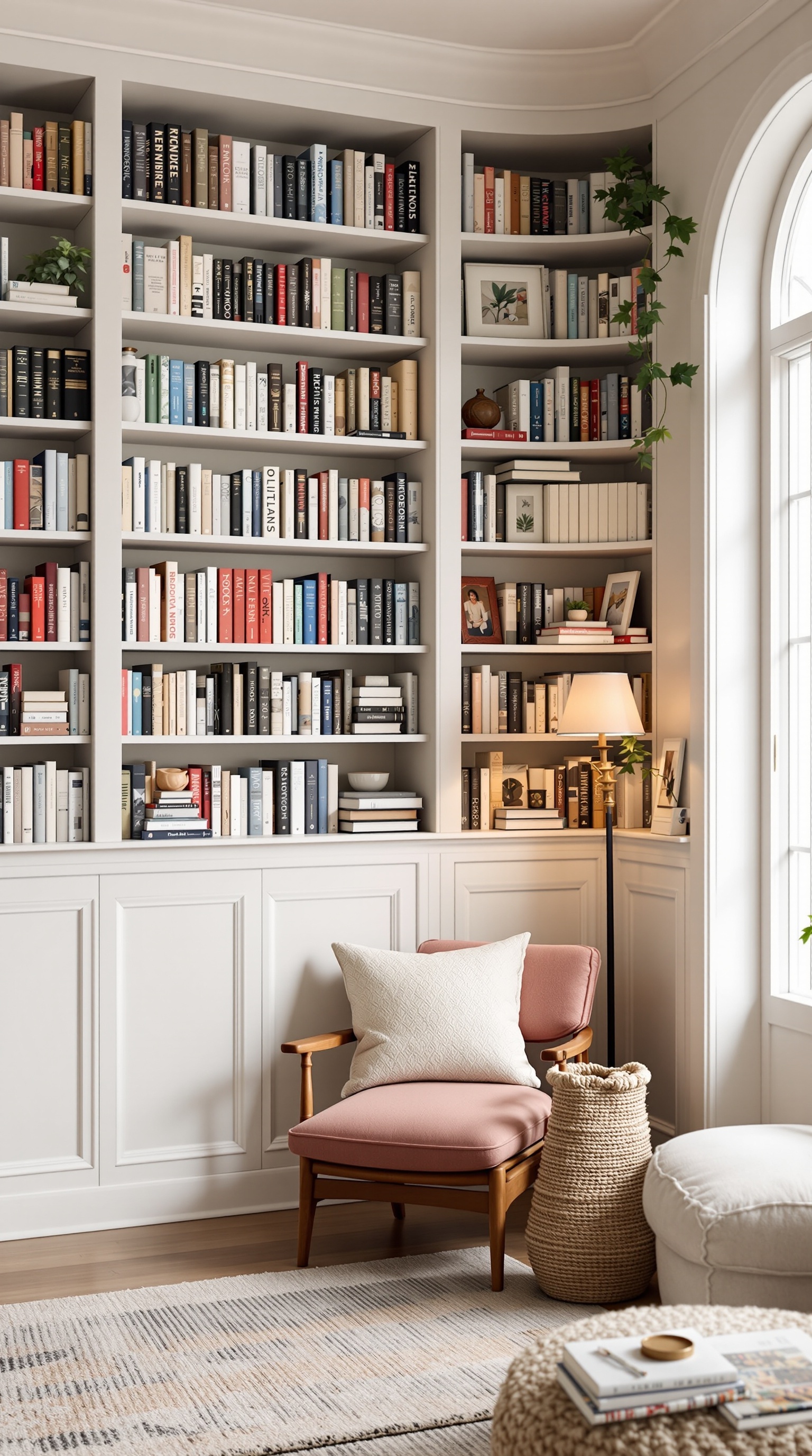 A cozy family library with bookshelves filled with books, a comfortable chair, and a warm lamp.
