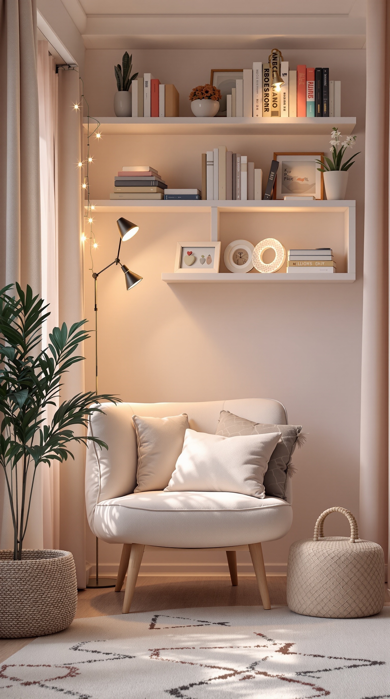 Cozy reading nook with a chair, bookshelves, and soft lighting
