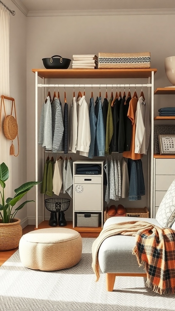 A well-organized kids' wardrobe with neatly hung clothes and a cozy seating area.