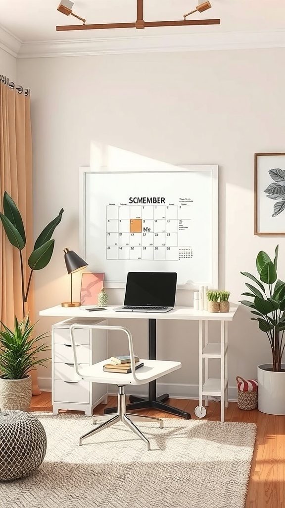 A well-organized home office with a desk, laptop, calendar, and plants.