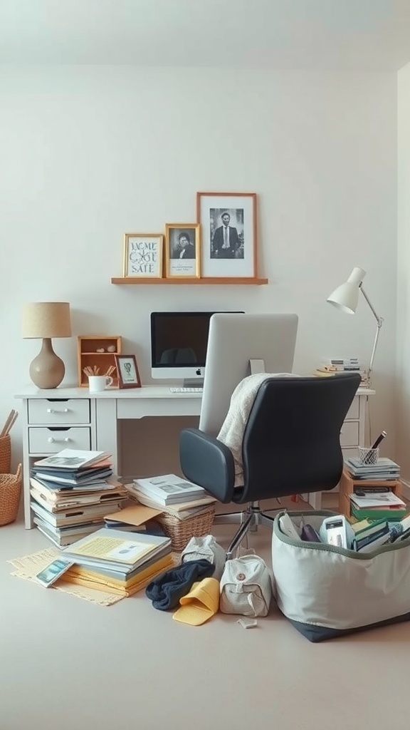 A cluttered desk with stacks of papers, a computer, and scattered items, illustrating the need for regular decluttering.