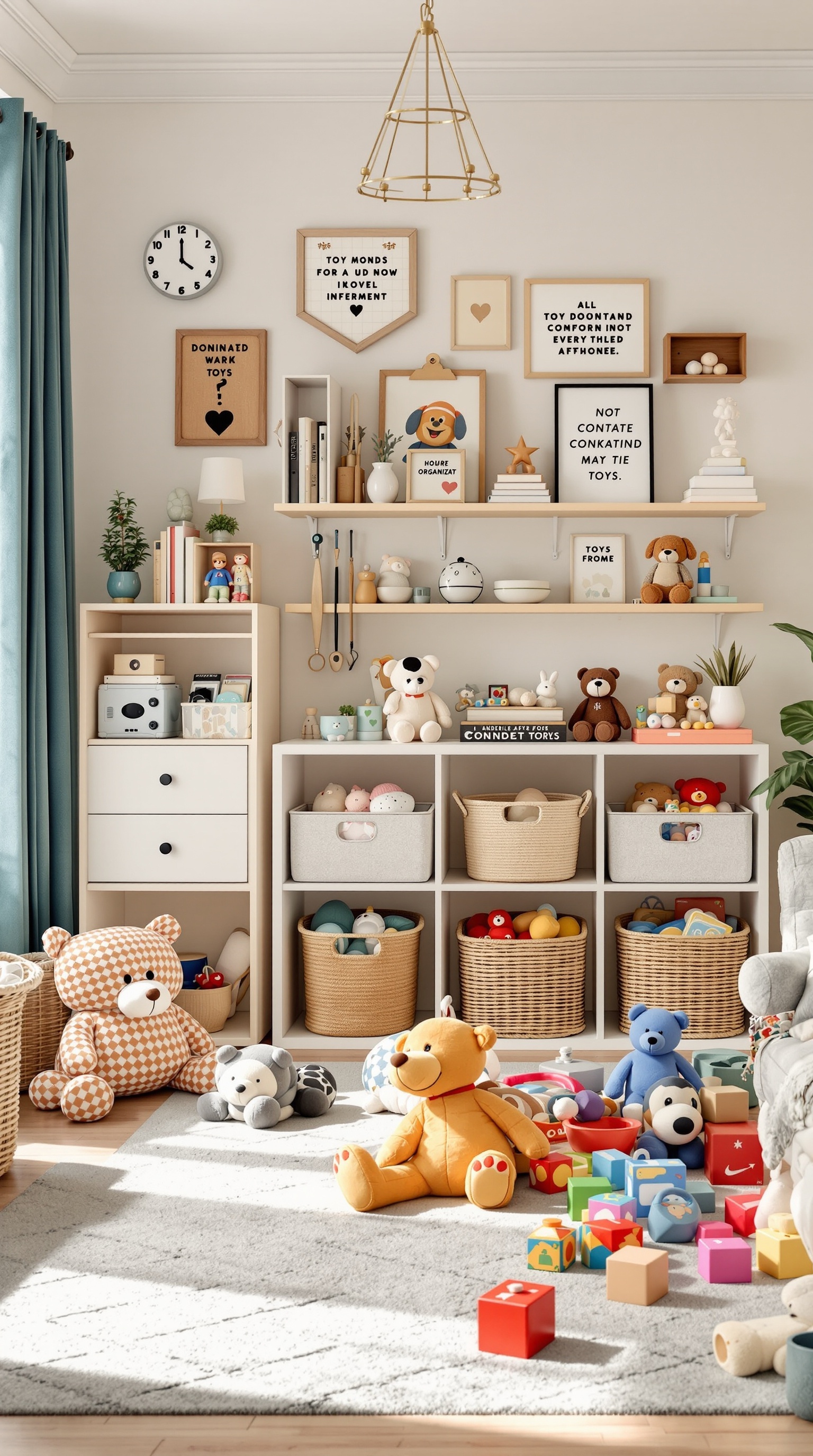 A well-organized toy room with various toys, storage baskets, and a donation system.