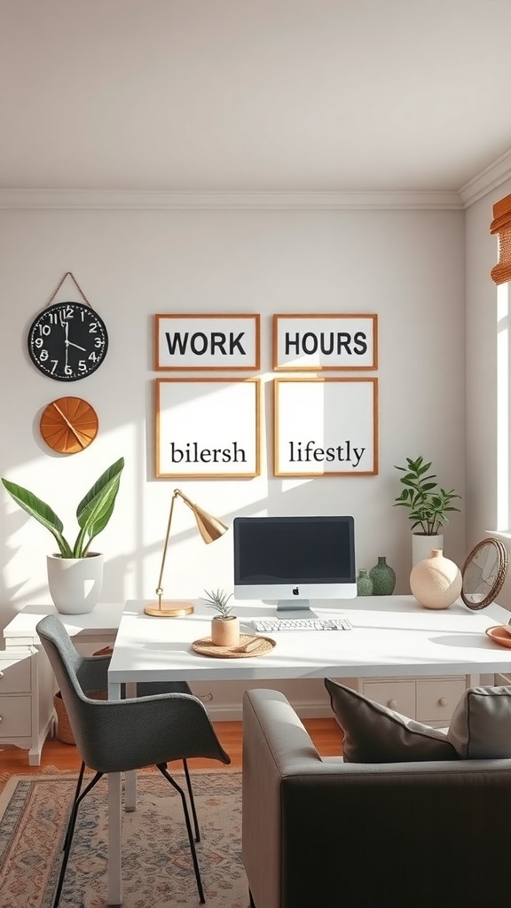 A bright home office with motivational wall art, a clock, plants, and a computer setup.