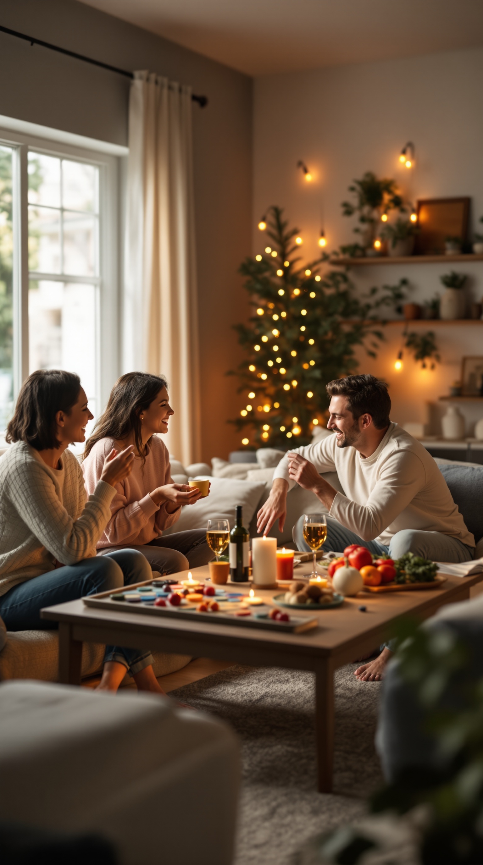 A cozy gathering of friends or family enjoying snacks and drinks in a warmly decorated living room with a Christmas tree.