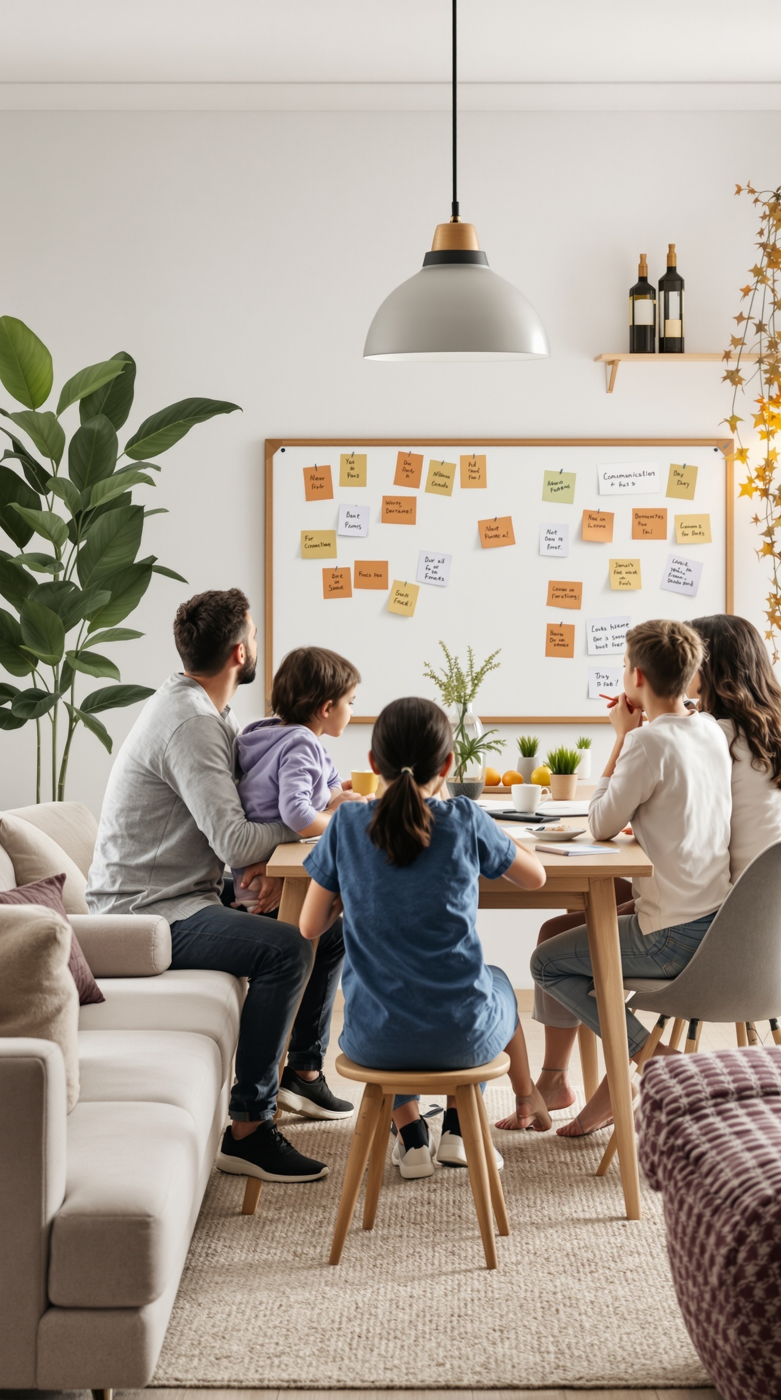 A family sitting around a table discussing ideas with sticky notes on a board.