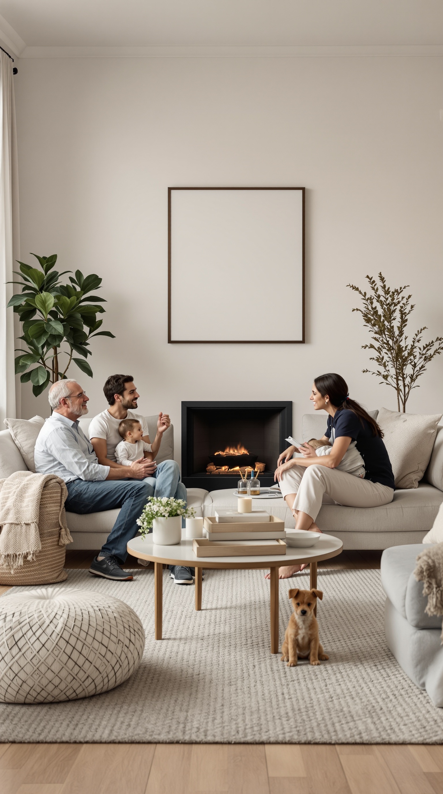 A cozy living room with a family gathered, enjoying each other's company, with a dog and a warm fireplace.