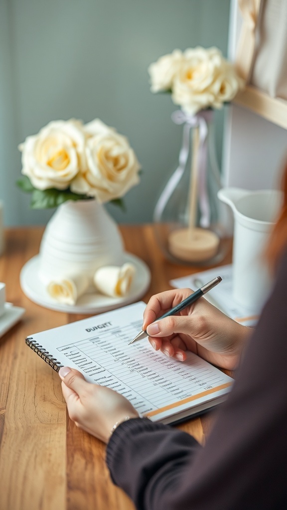 A person writing in a budget planner with white roses in the background
