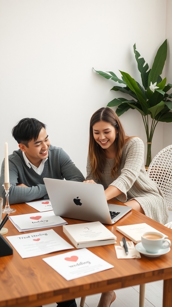A couple happily plans their wedding at a table with a laptop and various wedding planning documents.