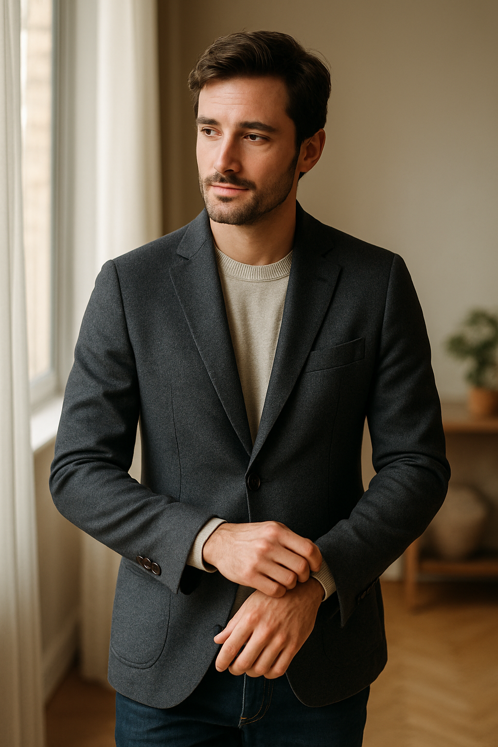 Hombre con blazer gris oscuro y suéter claro, posando en un ambiente interior.