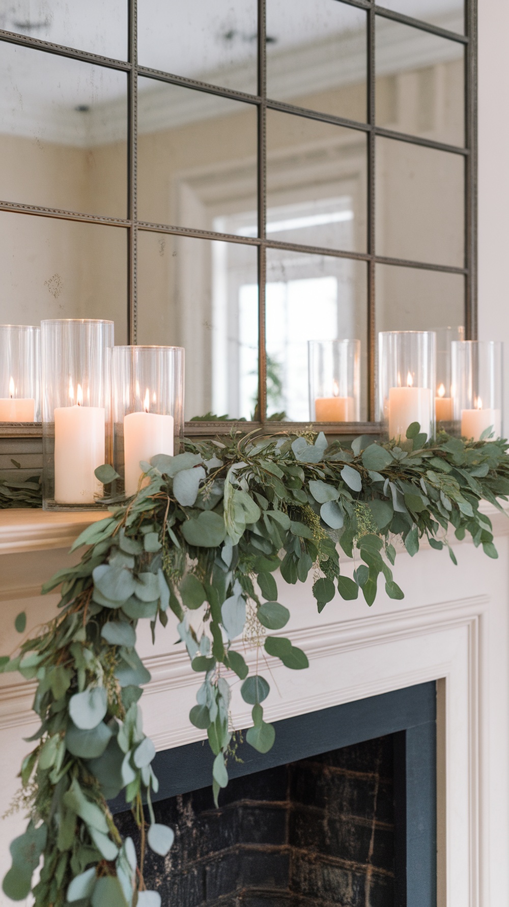 Eucalyptus garland on a mantel with candles