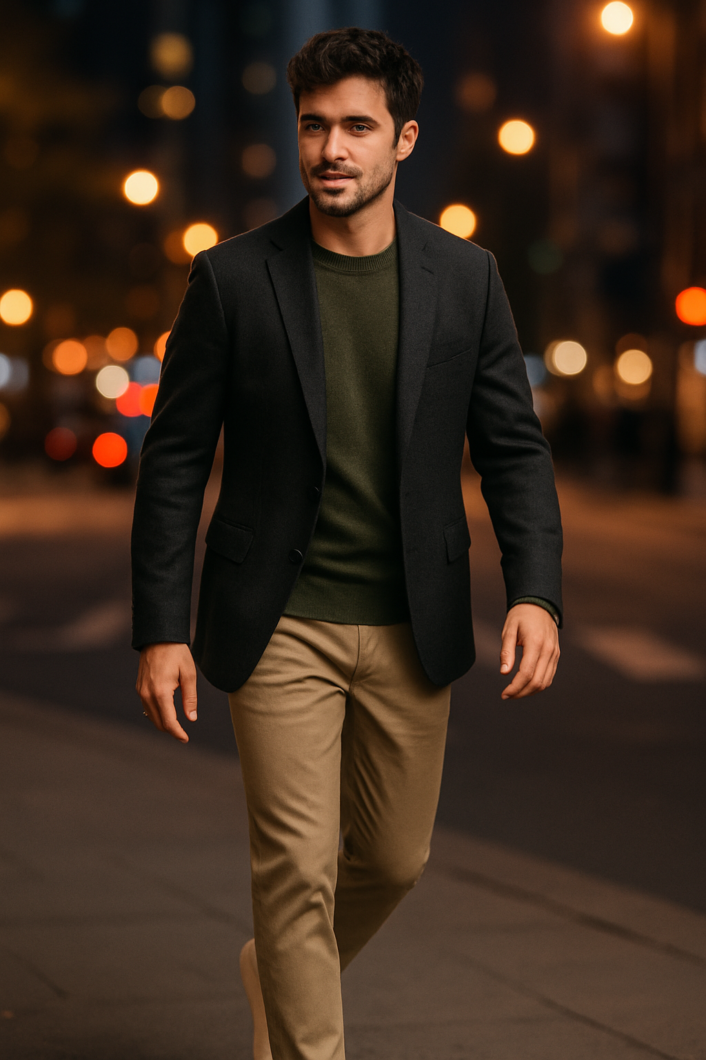 A man walking confidently in a stylish blazer and sneakers, exuding evening vibes.