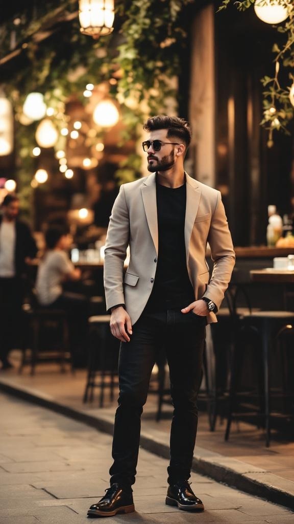 A man wearing a beige blazer with dark jeans, standing confidently in an outdoor setting with warm lights in the background.