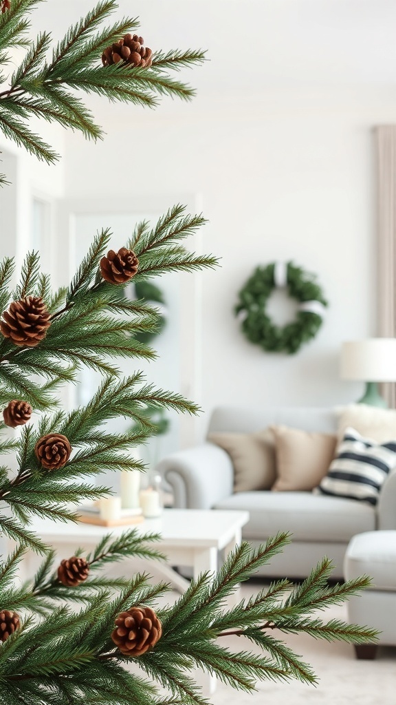 A cozy living room with an evergreen tree featuring pine cones, a wreath on the wall, and a comfortable sofa.