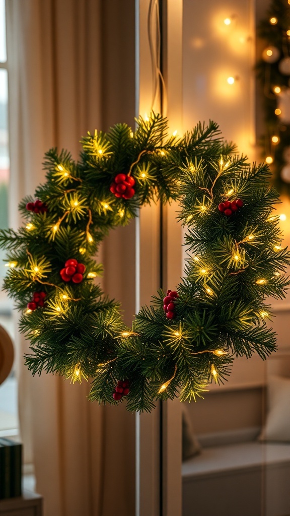 A green evergreen wreath with red berries and fairy lights, hanging indoors.